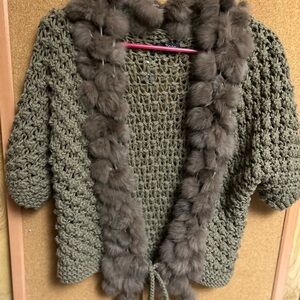 Rabbits fur trim crocheted shrug
